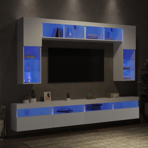 Комплект ТВ стенни шкафове, 8 части, с LED светлини, бели