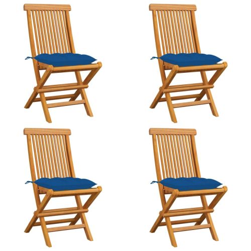 Градински столове със сини възглавници 4 бр тиково дърво масив