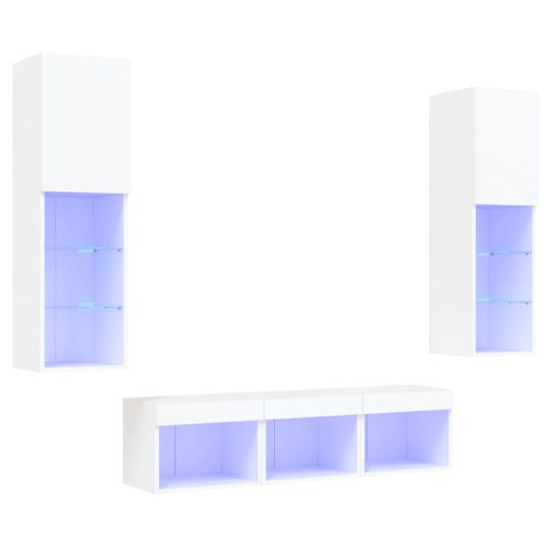 ТВ стенни модули с LED, 5 части, бели, инженерно дърво