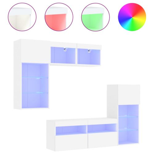 ТВ стенни модули с LED, 5 части, бели, инженерно дърво