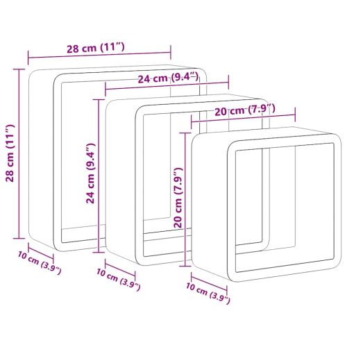 Стенни кубични рафтове, 3 бр, черни, МДФ