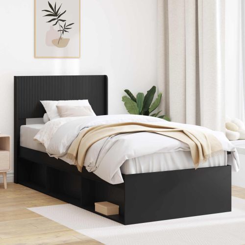 Рамка за легло с място за съхранение и табла Черно 90 x 200 cm