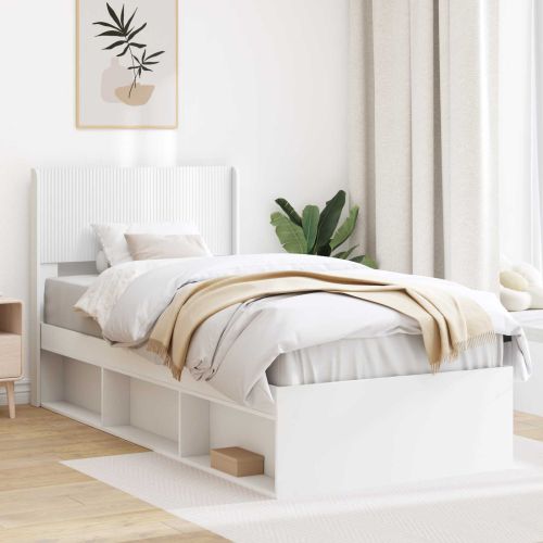 Рамка за легло с място за съхранение и табла Бяло 90 x 200 cm