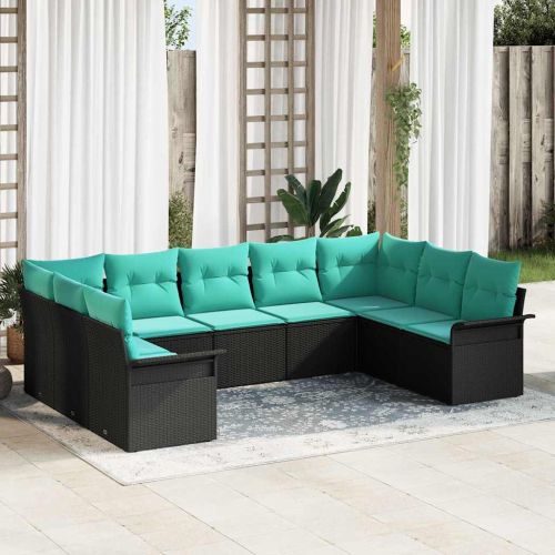 Градински Софа Комплект с възглавница 9 pcs Черно полиратан
