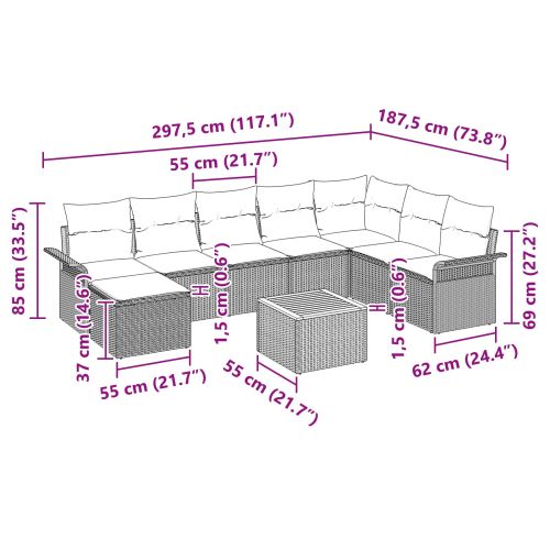 Градински Софа Комплект с възглавница 9 pcs Черно полиратан