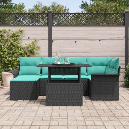 Градински Софа Комплект с възглавница 7 pcs Черно Полиратан