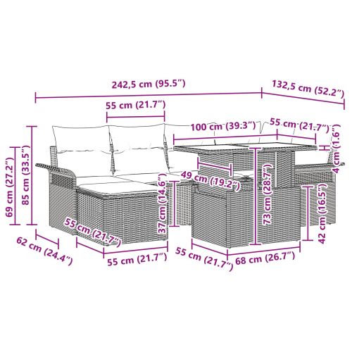 Градински Софа Комплект с възглавница 7 pcs Черно Полиратан