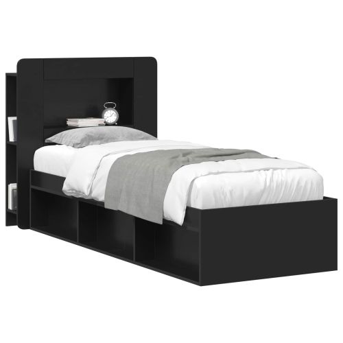 Табла за легло със съхранение Черно Инженерен дървен материал