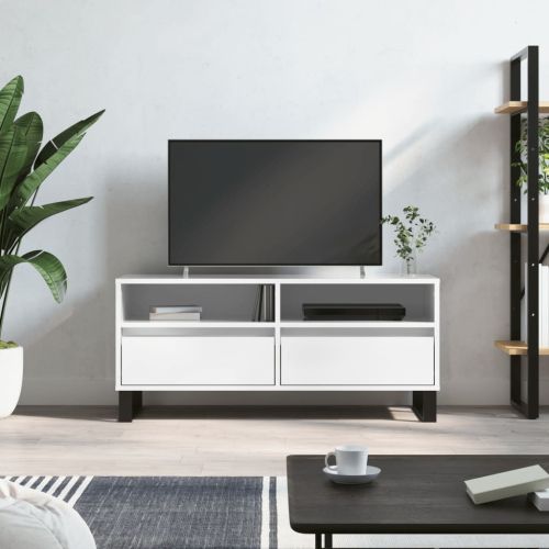 ТВ шкаф бял гланц 100x34,5x44,5 см инженерно дърво