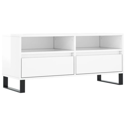 ТВ шкаф бял гланц 100x34,5x44,5 см инженерно дърво