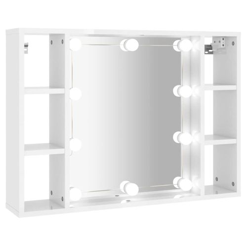 Огледален шкаф с LED, бял гланц, 76x15x55 см