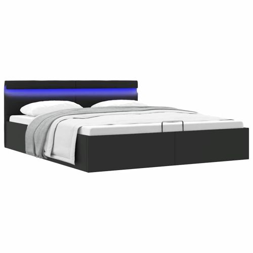 Легло с повдигащ механизъм и LED черно еко кожа 160x200 cм
