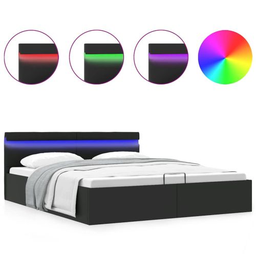 Легло с повдигащ механизъм и LED черно еко кожа 160x200 cм
