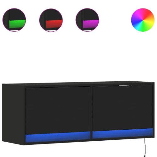 Стенен ТВ шкаф с LED осветление, черен, 100x31x38 см