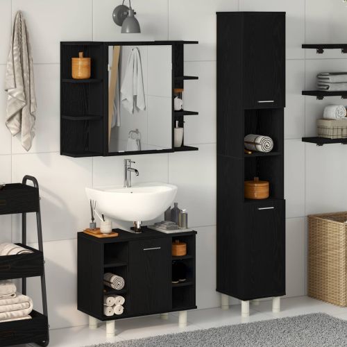 Комплект мебели за баня с рафт 3 pcs Черно 30 x 30 x 179,5 см