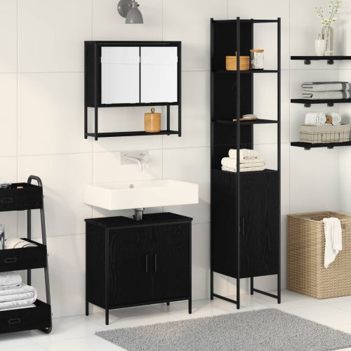 Комплект мебели за баня с рафт 3 pcs Черно Инженерно дърво