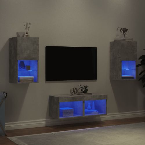 ТВ стенни шкафове, 4 части, с LED светлини, бетонно сиви