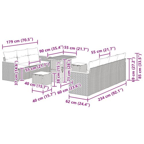 Градински Софа Комплект 10 pcs Сив полиратан