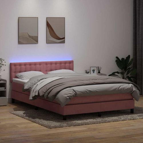 Боксспринг легло с матрак и LED, розово, 140x220 см, кадифе