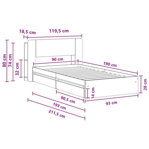 Леглово рамо с хранилище с чекмедже Бетонно сиво 90 x 190 cm