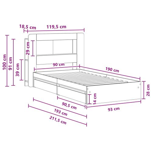 Леглово рамо с хранилище с чекмедже Опушен дъб 90 x 190 cm