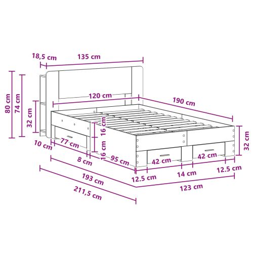 Леглово рамо с хранилище с таблото Опушен дъб 120 x 190 cm