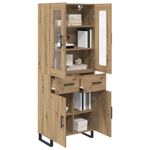 Висок шкаф с чекмедже 2 pcs Дъб Инженерна дървесина и стъкло