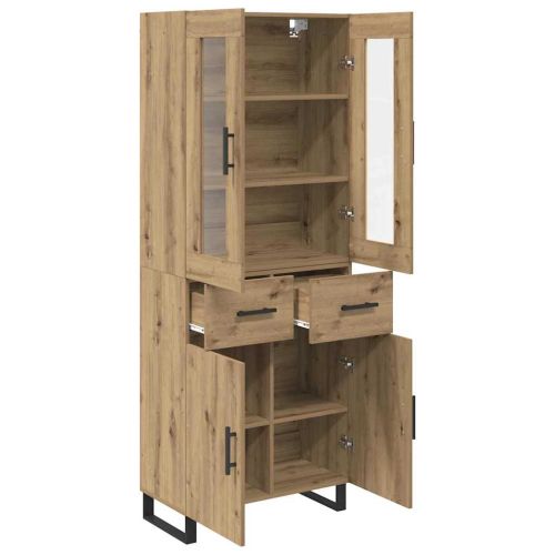 Висок шкаф с чекмедже 2 pcs Дъб Инженерна дървесина и стъкло