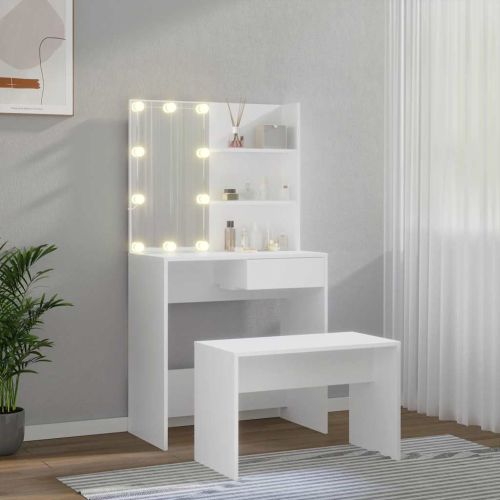 Комплект тоалетка с LED, бяла, инженерно дърво