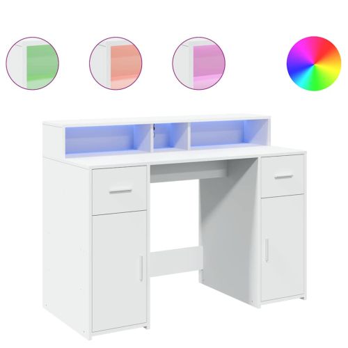 Бюро с LED осветление, бяло, 120x55x91 см, инженерно дърво