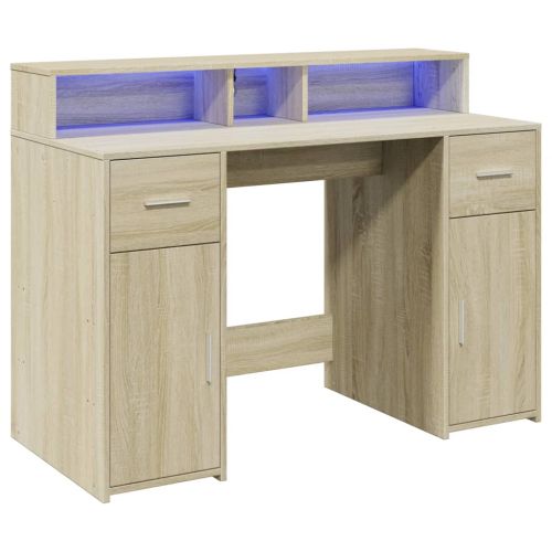 Бюро с LED осветление, сонома дъб, 120x55x91см, инженерно дърво