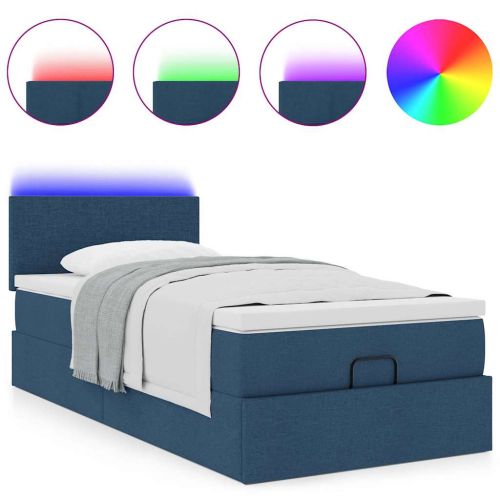 Османска легло с матрак и LED, синьо, 90x190 см, плат