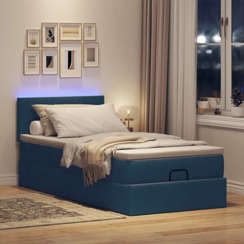 Османска легло с матрак и LED, синьо, 90x200 см, плат