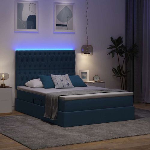 Легло с място за съхранение и LED Синьо 140 x 200 cm Полиестер