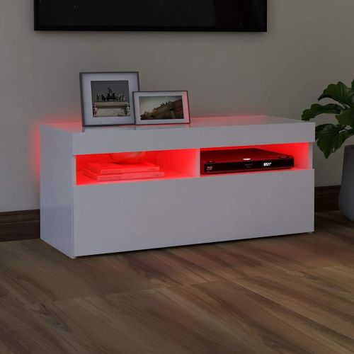 ТВ шкаф с LED осветление, бял, 90x35x40 см