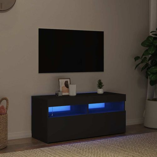 ТВ шкаф с LED осветление, черен, 90x35x40 см