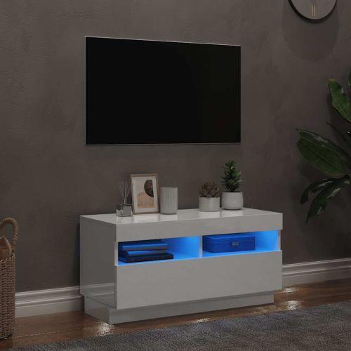ТВ шкаф с LED осветление, бял гланц, 80x35x40 см