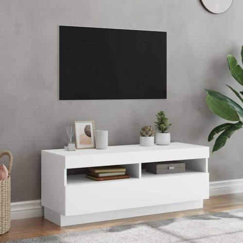 ТВ шкаф с LED осветление, бял, 100x35x40 см