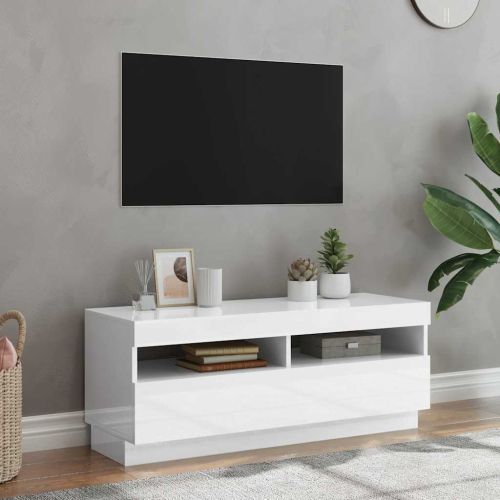 ТВ шкаф с LED осветление, бял гланц, 100x35x40 см
