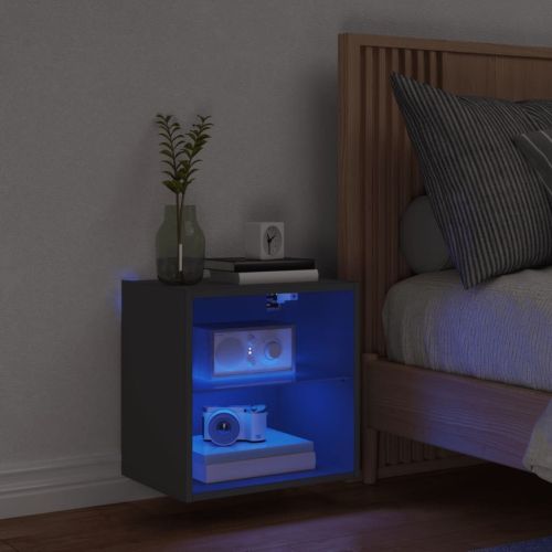 Нощно шкафче с LED осветление, черен, за стенен монтаж