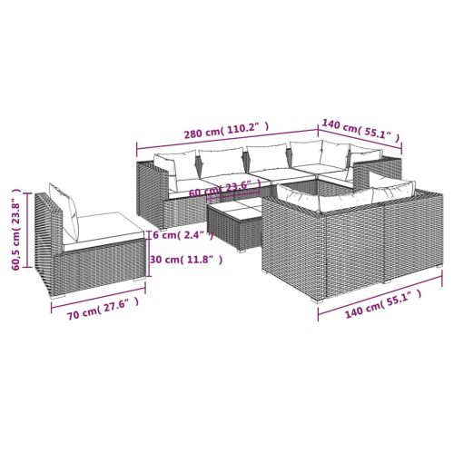 Градински лаундж комплект с възглавници 9 части полиратан черен