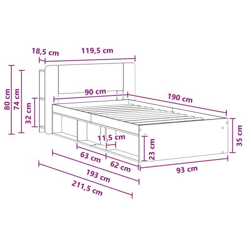 Леглово рамо с хранилище с таблото Дъб артизан 90 x 190 cm