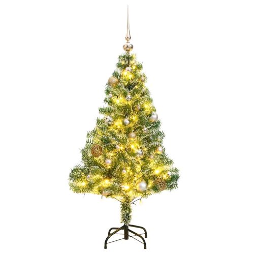 Изкуствена коледна елха, 150 LED, топки и флокиран сняг, 150 см