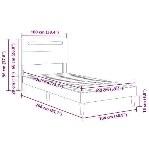 Рамка за легло с LED ленти Сиво 100 x 200 cm Изкуствена