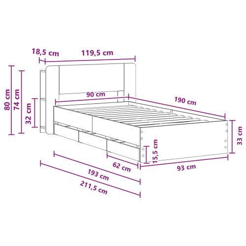 Леглово рамо с хранилище с таблото Опушен дъб 90 x 190 cm