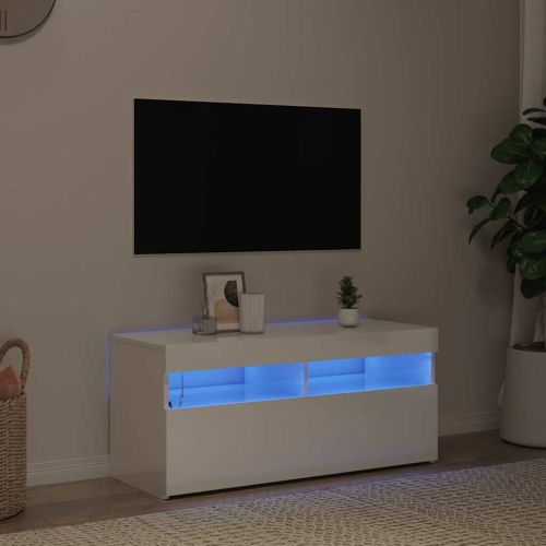 ТВ шкаф с LED осветление, бял гланц, 90x35x40 см