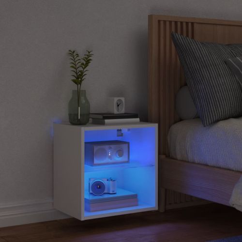 Нощно шкафче с LED осветление, бял, за стенен монтаж
