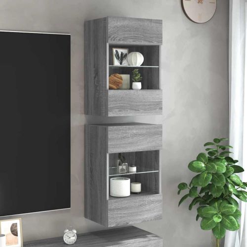 Стенни шкафове с LED светлини за телевизор, 2 бр, сив сонома, 40x30x60,5 см