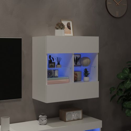 Стенен ТВ шкаф с LED осветление, бял, 58,5x30x60,5 см