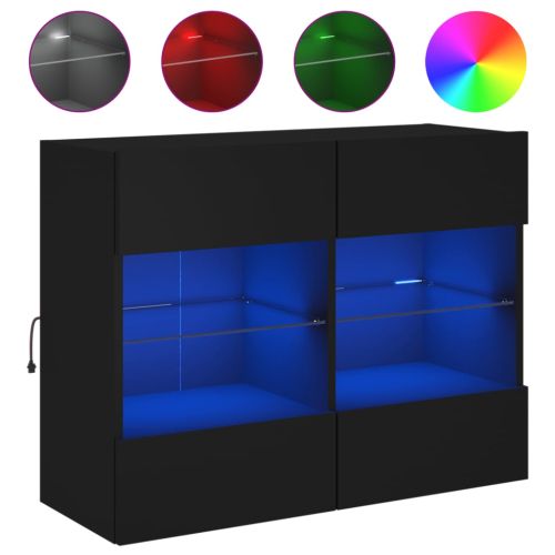 Стенен ТВ шкаф с LED осветление, черен, 78,5x30x60,5 см